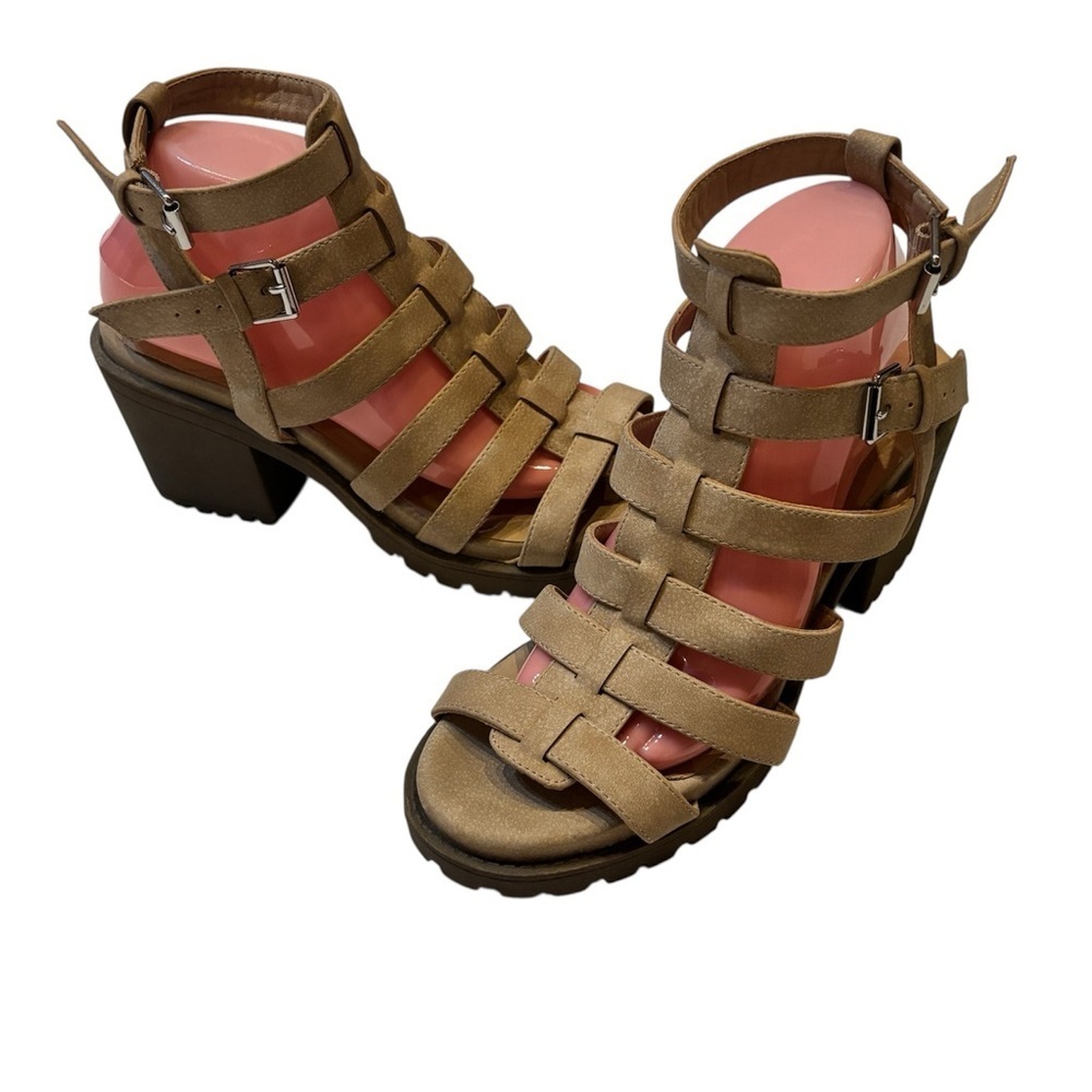 Dirty Laundry Caged Gladiator Block Heel Sandals Lug Sole Tan 10M